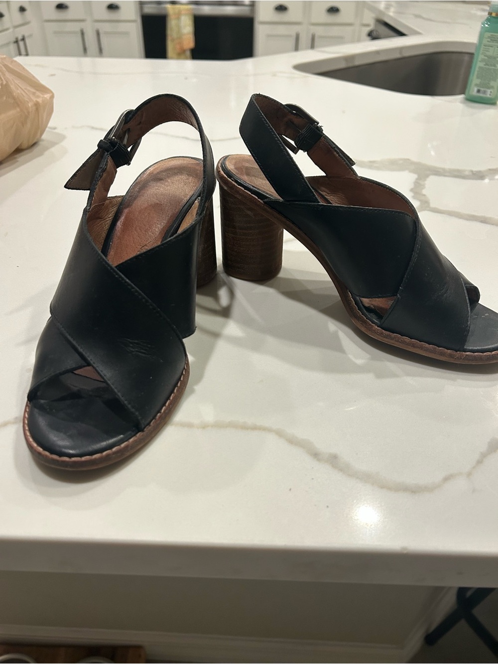 Madewell Black Leather Crisscross Slingback Block Heels